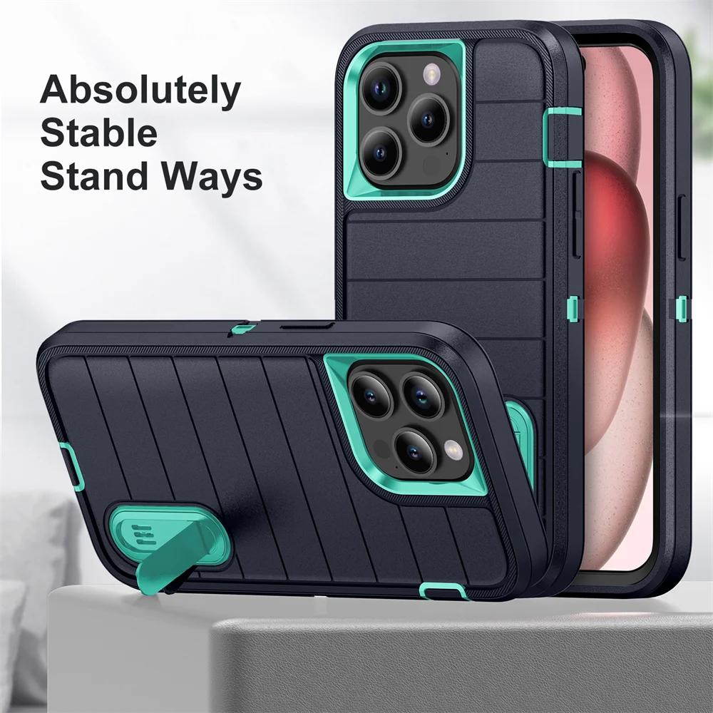 Nouvelle coque de protection hybride 3 en 1 pour iPhone 16 15 Pro Max 14 Plus 13 12 11 avec béquille Funda 15Pro 14Pro 13Pro_voghion.com