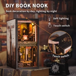 CUTEBEE Book Nook Miniature Doll House Kit Bookshelf Insert With Touch Light Dust Cover DIY Booknook Gifts Rose Detective Agency