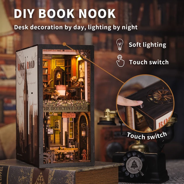CUTEBEE Book Nook Miniature Doll House Kit Bookshelf Insert With Touch Light Dust Cover DIY Booknook Gifts Rose Detective Agency 1