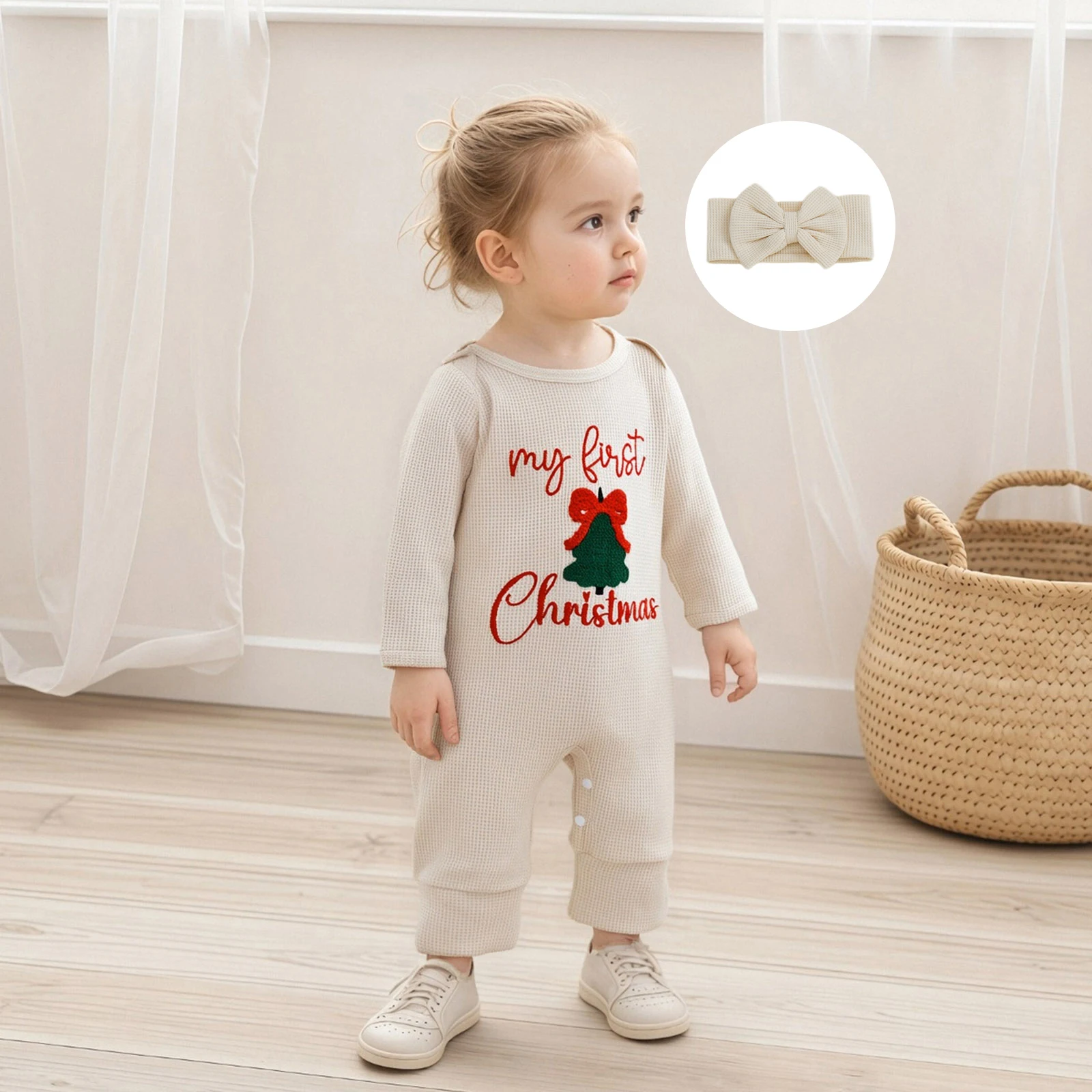 0-6 mesi Il mio primo vestito natalizio per bambina Neonato Babbo Natale Waffle Maglione lavorato a maglia Pagliaccetto Tuta Abiti carini per neonati - immagine 4