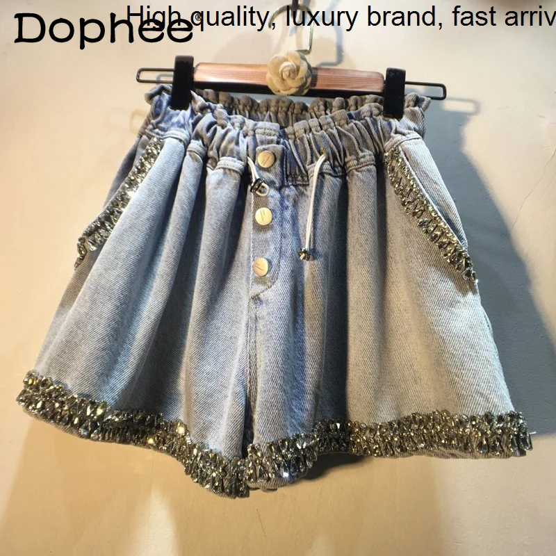 

Beaded Exquisite Rhinestone Blue Denim Women Elastic Waist Loose Slimming Wide-Leg Shorts Jeans 2023 New Summer Bottoms
