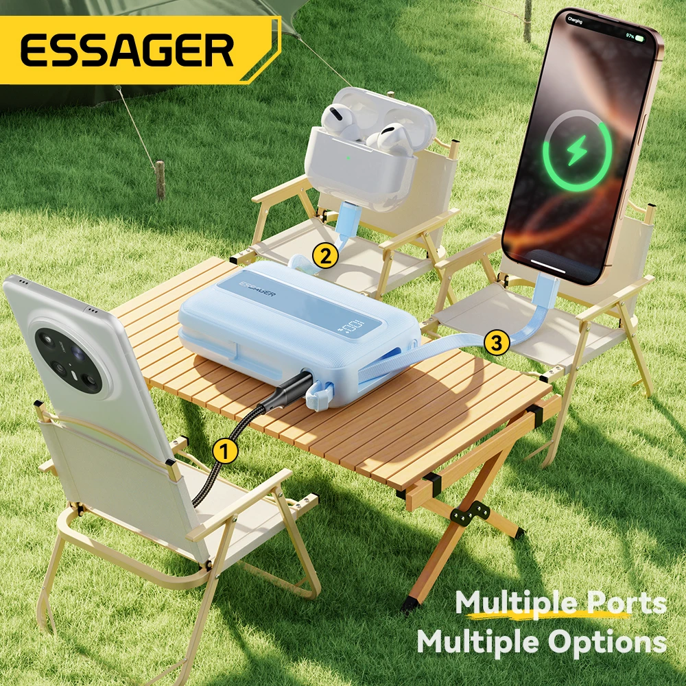 Essager 20000mAh Type C Cable Power Bank PD 22.5W Fast Charging Phone External Battery for Xiaomi iPhone 17 16 15 Samsung iPad