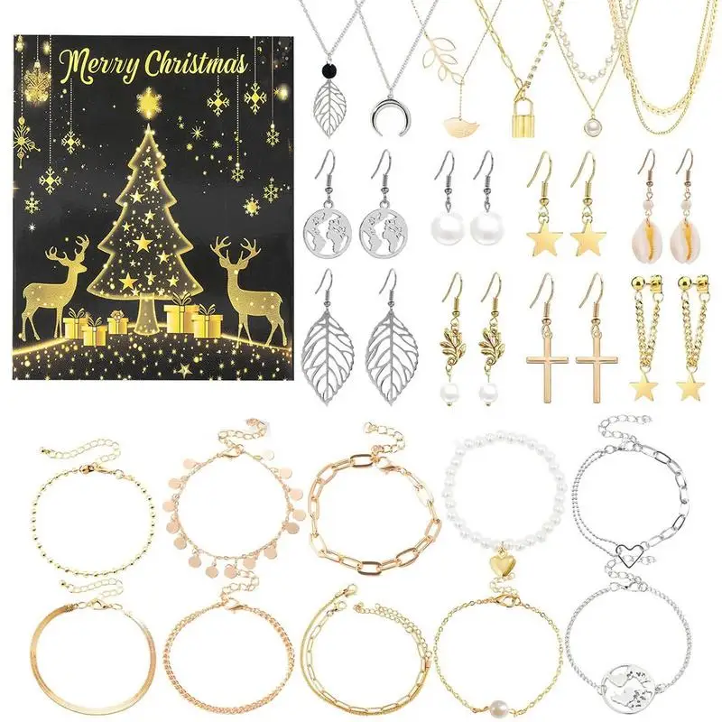 Christmas Advent Calendar Princess Bracelet Necklace Earrings 24 Days Countdown Calendar Jewelry Noel Navidad Girls Women Gifts