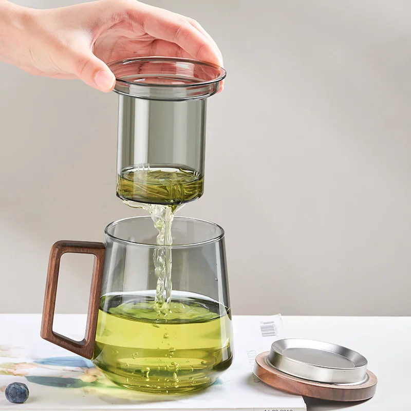 Tea Cup GIANXI Glass with Wood Handle for Chinese Puer Tea