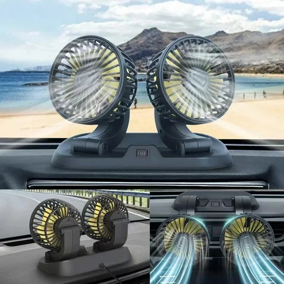 5V/12V/24V Dual Head Car Fan - USB Powered 2-Speed Adjustable Auto Cooler with Wind Regulation, Universal Fit Car Accessory