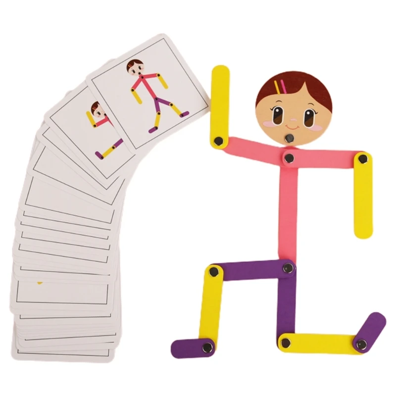 

Wooden Puppet with Gesture Cards Children Hand-eye-brain Coordination Toy