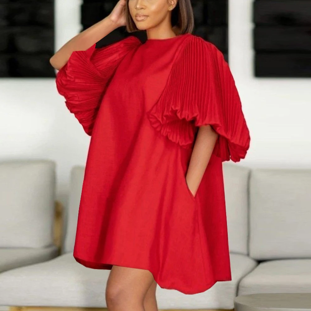 

Elegant Red Dresses for Women Round Neck Lantern Sleeve Straight Knee Length Luxury Birthday Party Dinner Vestidos Mujer Dress