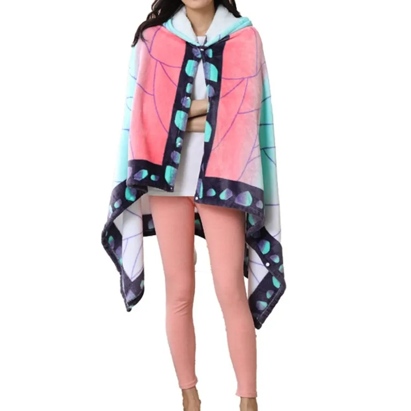 Soft Demon Slayer Hoodie Blanket Wearable Tanjirou No Yaiba Anime Plaid Shawl Wrap Nap Quilt Comfortable Pajamas Adult Bathrobe 3
