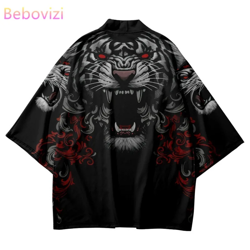Japanese Anime Tiger Print Trend Cardigan Women Men Harajuku Cosplay Black Shirts Yukata Fashion Haori Kimono