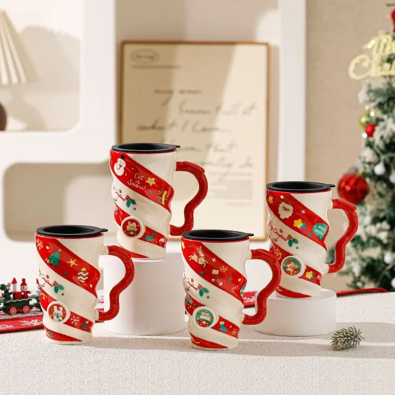 Hot Christmas Threaded Elk Couple Ceramic Mug Trendy Water Cup Home Office Milk Breakfast Cup Handheld Gift with Lid Gift Box LI