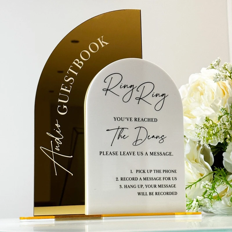 Personalised Audio Guestbook Sign Leave A Message Phone Box Sign Gold Mirror and White Acrylic Sign Audio Booth Sign wedding guest book