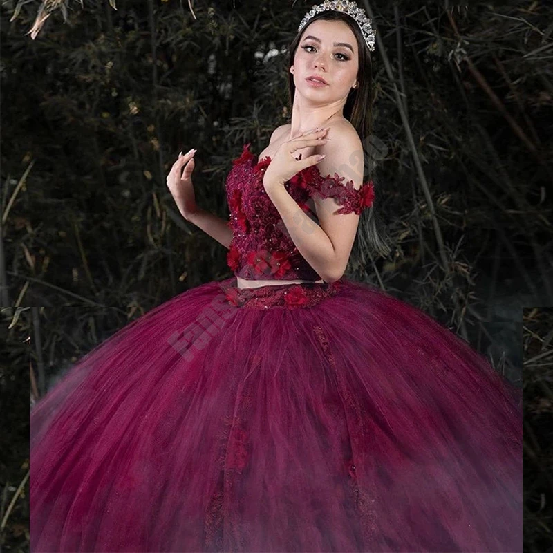 Gorgeous Burgundy Quinceanera Dresses Two Pieces Princess Prom Vestido  Appliques 3d Flowers Pearls For 15 Girls Ball Gowns - Quinceanera Dresses -  AliExpress