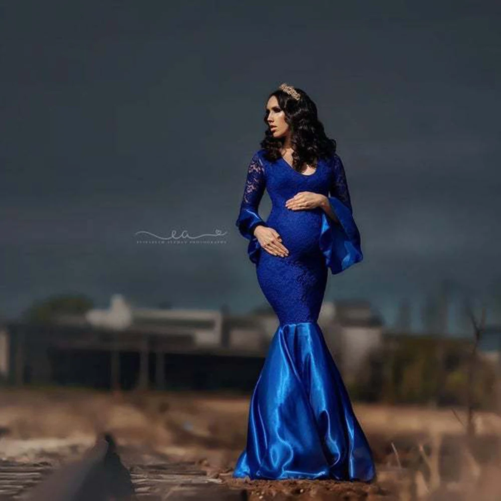 maternity-dresses-for-photo-shoot-blue-ruffles-evening-round-neck-sleeve-lace-stitched-fishtail-skirt-longuette-vestidos