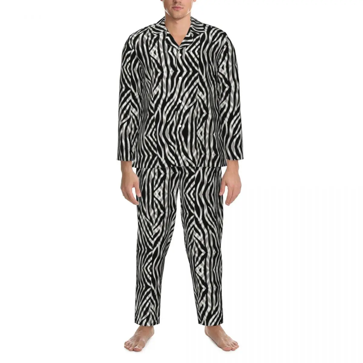

Tribal Zebra Stripe Pajama Sets Animal Print Cute Sleepwear Men Long Sleeve Casual Leisure 2 Pieces Nightwear Plus Size