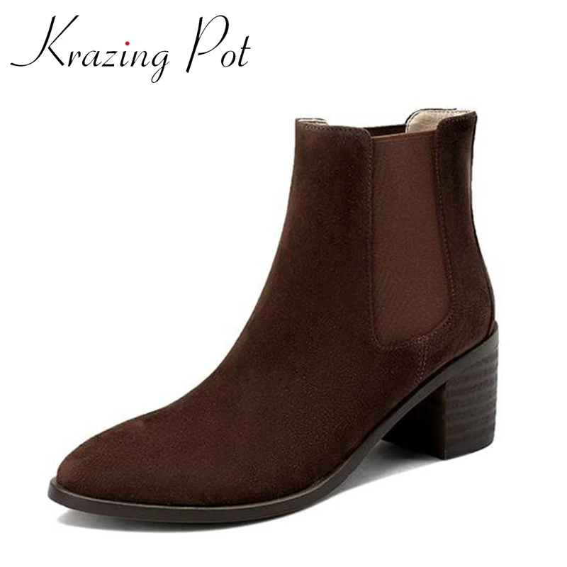

Krazing Pot Cow Suede Round Toe Thick High Heel Chelsea Boots Gentlewomen British School Big Size Slip on Splicing Ankle Boots