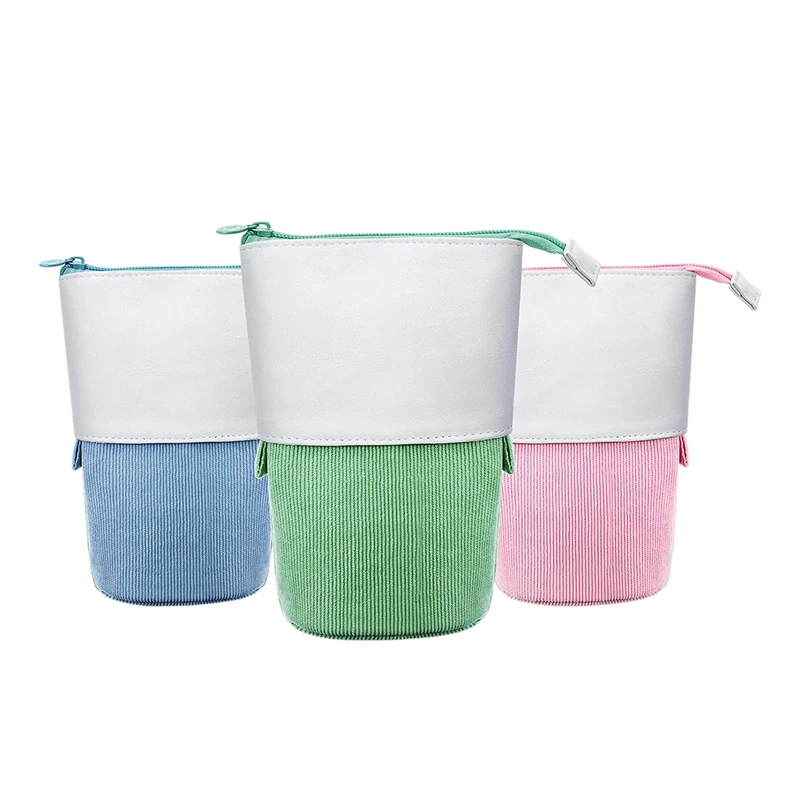 

3 Pieces Telescopic Pencil Case Standing Stationery Pencil Holder Canvas Dual-Use -Up Stand Pencil Bags With Zipper