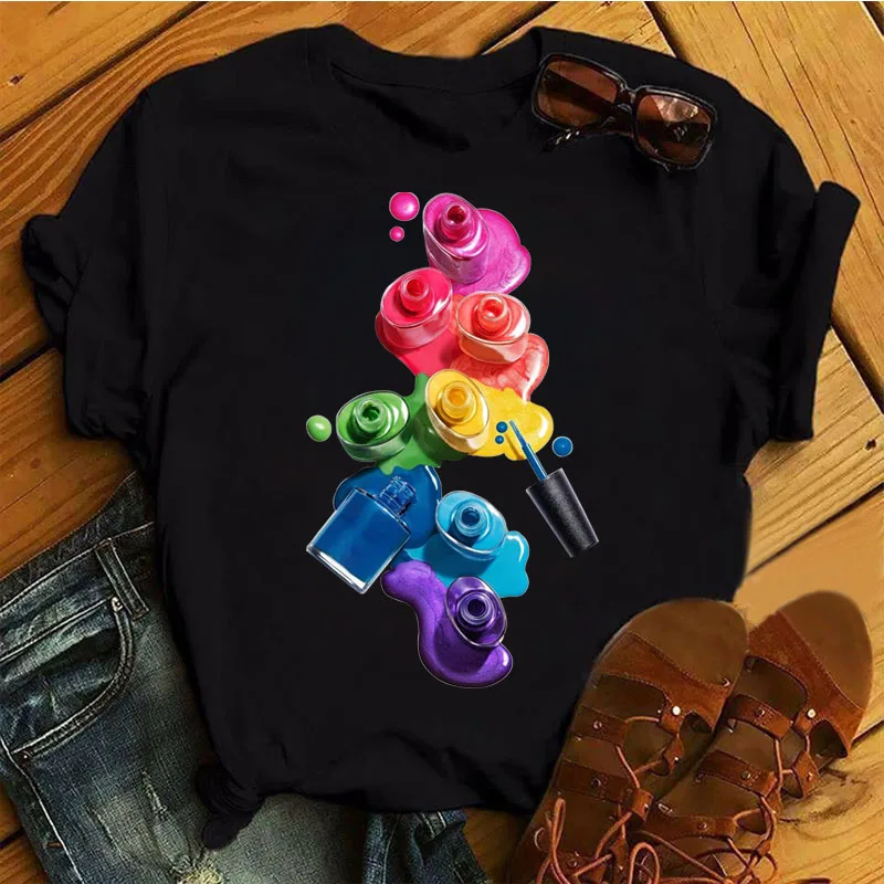 

2023 Women T Shirt Colorful Nali Art Tshirt Black Short Sleeve T-shirt Female Round Neck Fashion Woman Blouses Clothes Top Tees