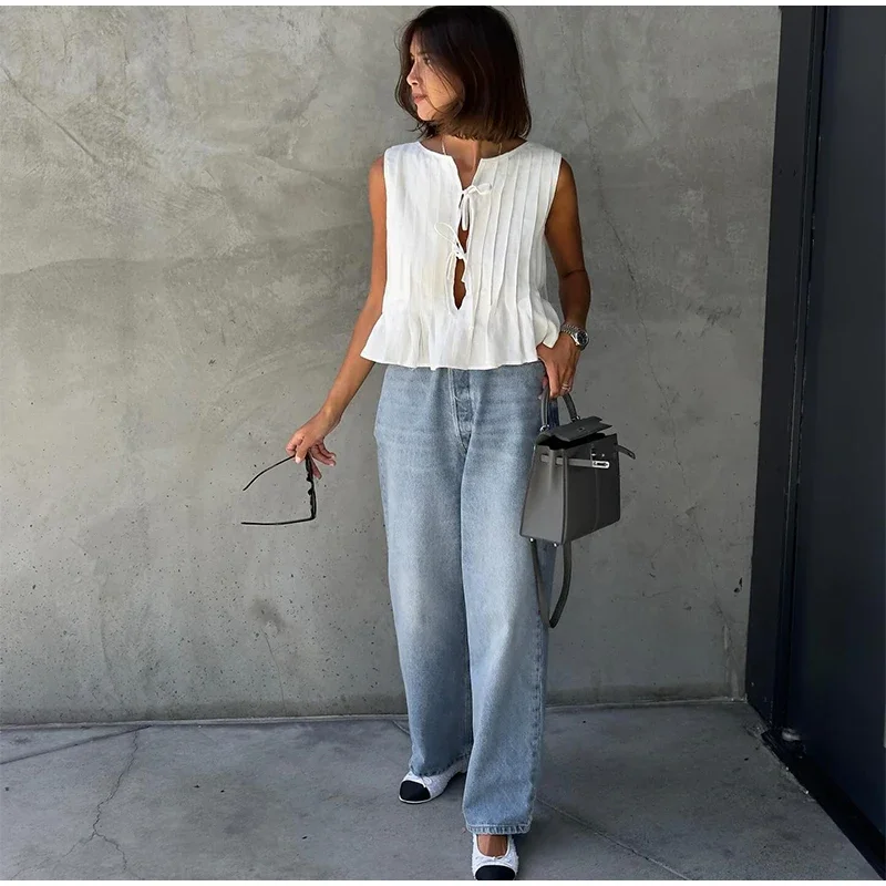 Elegant White Lace Up Tops For Women Pleated O-neck Sleeveless Ruffles Tank Summer New Chic Lady Party Vacation Vest