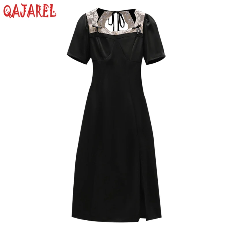

Summer New Black Patchwork Lace Hollow Out Square Collar Sexy Midi Dress 2024 Women Korean Vintage Hepburn Elegant Bodycon Dress