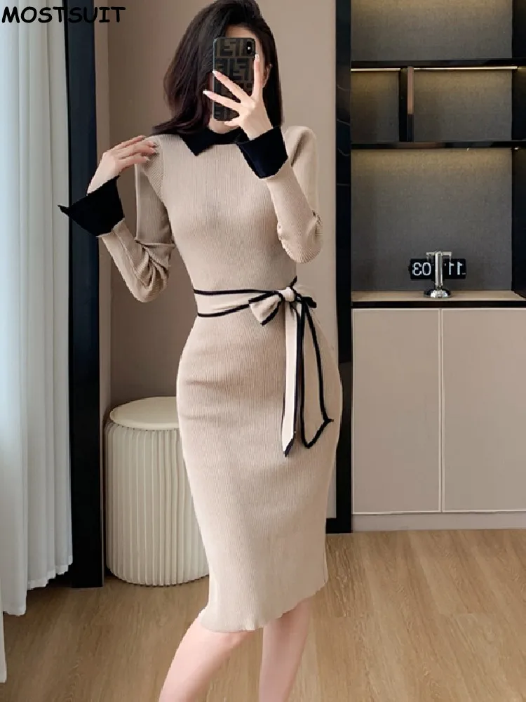 Korean-Slim-Knit-Dress-For-Women-Elegant-Sheath-Vintage-Bodycon-Dresses ...
