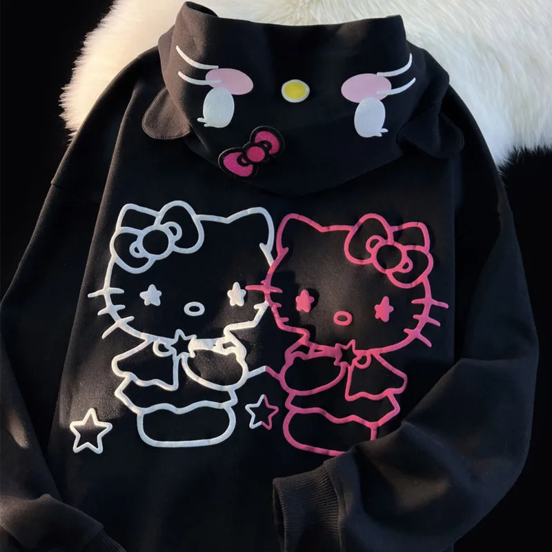 Sanrio Hello Kitty Cat Cardigan Y2k Zip Up Hoodie Cute Kawaii Cartoon Coat  Female Sweatshirts Oversize Hooded Sweater Thickened - AliExpress