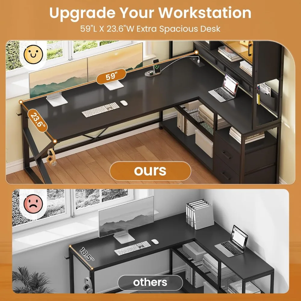 L Shaped Gaming Desk with LED Lights, Storage Shelves, Glass Cabinet & Power Outlets - Black Corner Computer Desk