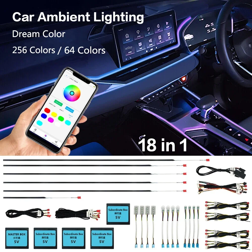 

18 In 1 Full Color Streamer Car Ambient Lights RGB 64/256 Colors Hidden Neon Music Control Auto Interior Decor Atmosphere Light