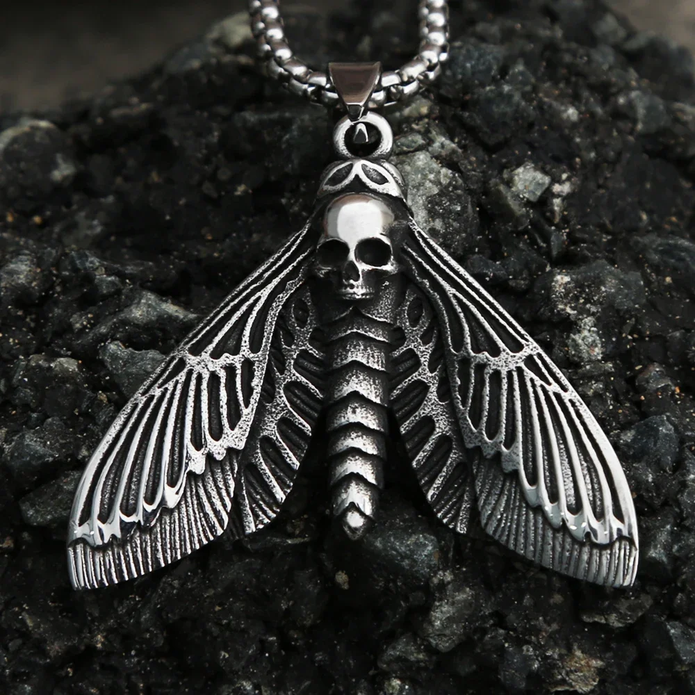 Vintage Gothic Style Death Moth Necklace Unisex Punk Stainless Steel Butterfly Skull Pendant Animal Jewelry Gift Dropshipping 2