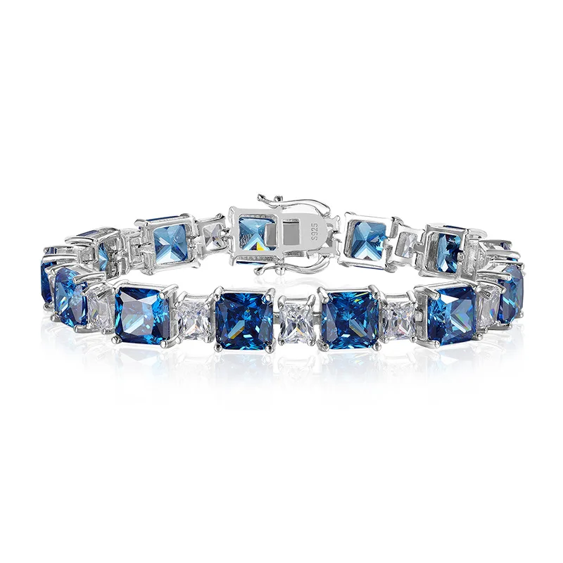 

2023 New 925 Silver Fashion Simulated Diamond 7 * 7 Ice Flower Blue Diamond Bracelet, Feminine and Luxury