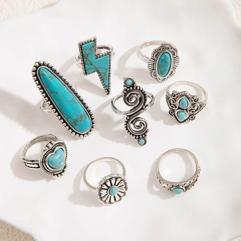 8Pcs set Vintage Bohemian Crystal Turquoise Stacking LOVE Rings Knuckle Rings Lightning Carved Rings Western Jewelry for Women 4