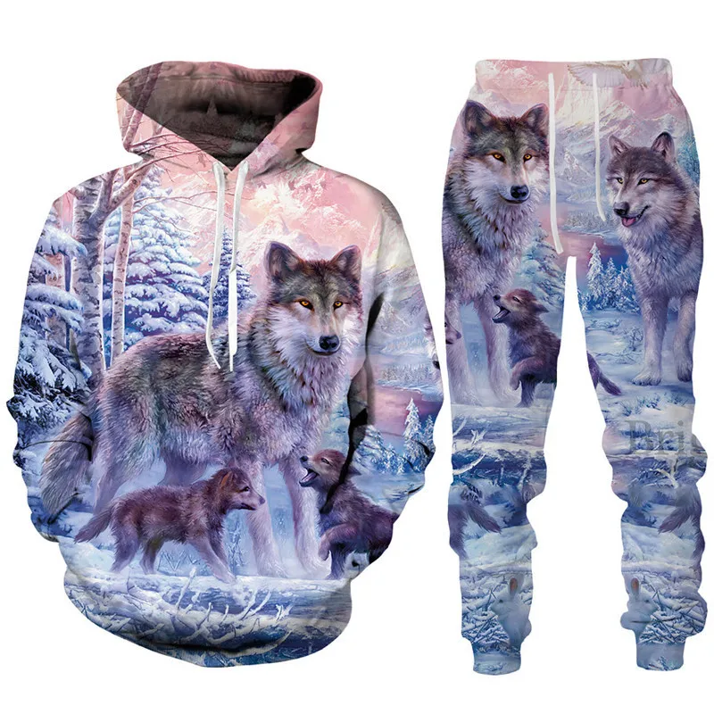 Retro Man Hoodies Sets Animal Wolf 3D Printed Men's Hoodies Pants Suit Harajuku Tracksuit Sportswear Cool 2 Piece Clothing Set 6