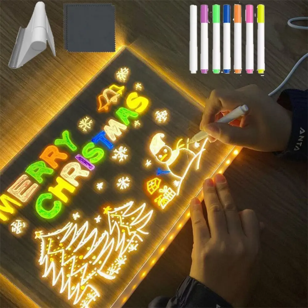 Colorful 7 Pens LED Note Board with Night Light Adjustable Stand Rewritable Surface Children's Drawing Board USB Power Erase