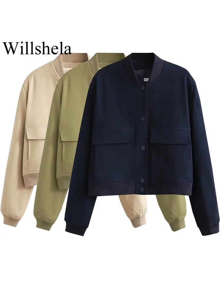 28971-6f724a.jpg Willshela Women Fashion Solid Bomber Jackets Coat With Pockets V-Neck Single Breasted Long Sleeves Female Chic Lady Outfits - Image 1