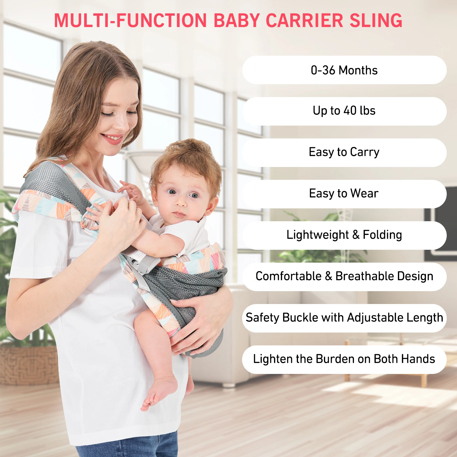 Baby Sling Carrier, Adjustable One Shoulder Lightweight Portable Baby Carrier Sling for Newborn To Toddler, Mesh Ventilation 3