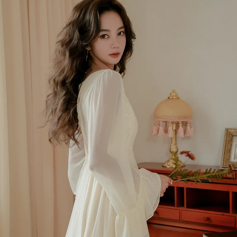SXTHAENOO Fashion Elegant New Apricot Pajamas Nightdress French Spring Autumn Long Mesh Sleepwear NightgownNight Wears For Women