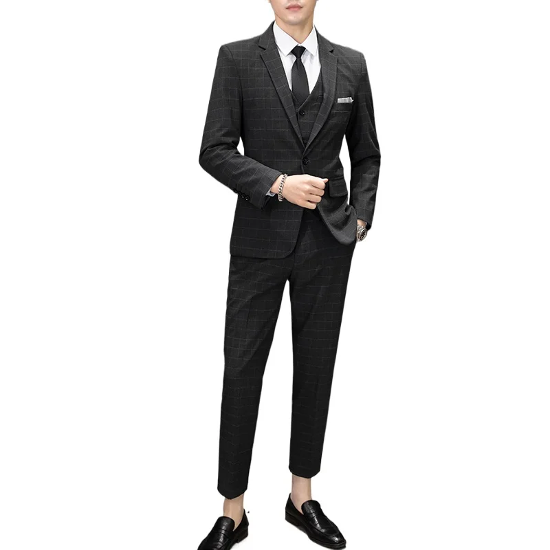 Mens Suits 3 Piece (blazer+ Vest +pants) Fashion Business Leisure Hosts The Korean Version of Plaid Slim Gentleman Wedding Work