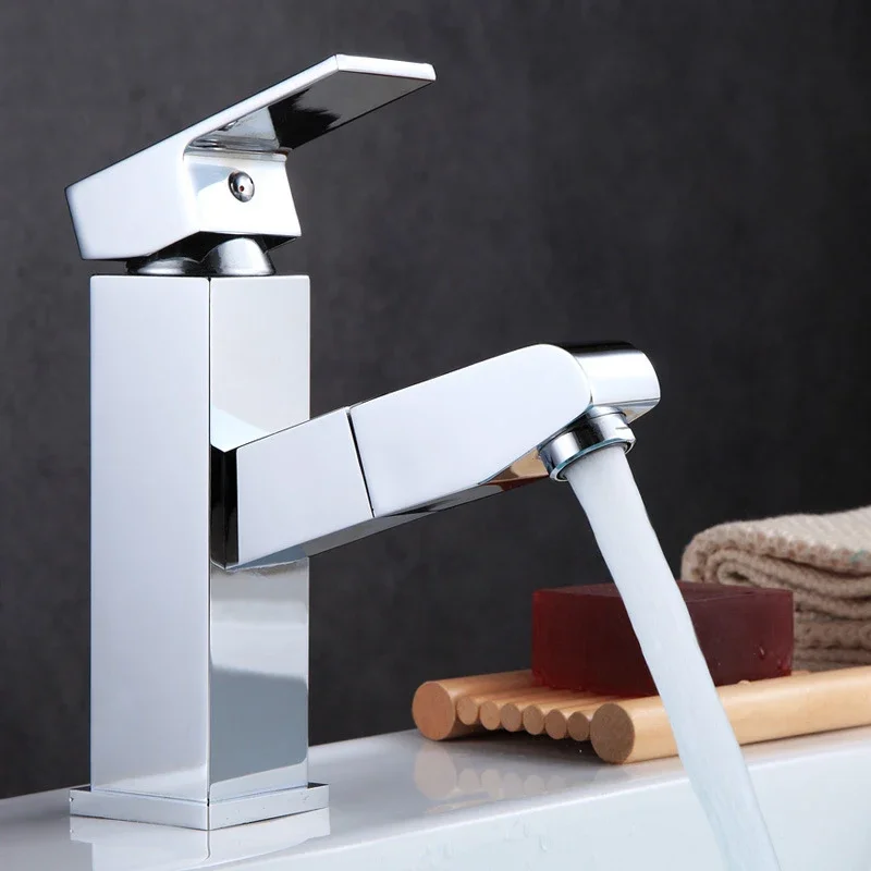 

Bathroom Basin Faucet Pull Out Sink Tap Copper Hot and Cold Water Mixer Tap Crane Single Hole Square Deck Mounted Waterfall Tap