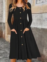 Elegant Solid Color Button-Detail Round Neck Long Sleeve Mid-Length Plus Size Women's Dress for Autumn