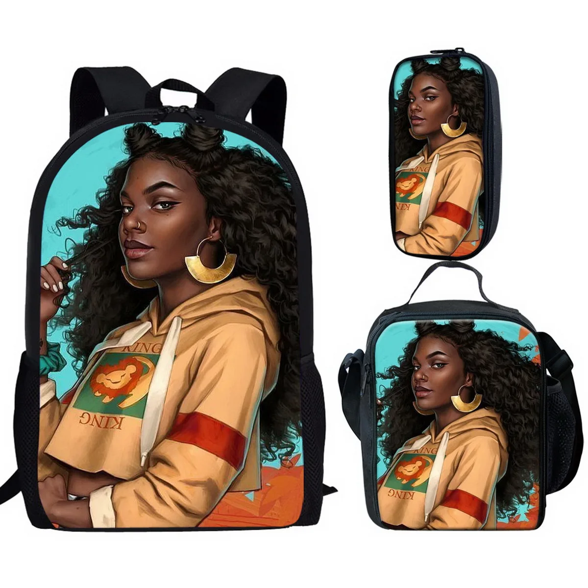 Popular Youthful  African girl 3D Print 3pcs/Set Student Travel bags Laptop Daypack Backpack Lunch Bag Pencil Case