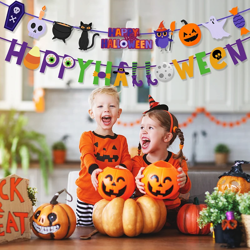 

1set Halloween Paper Bunting Banner Pumpkin Bat Spider Pattern Hanging Garland Pull Flags Halloween Party Home Wall Decorations
