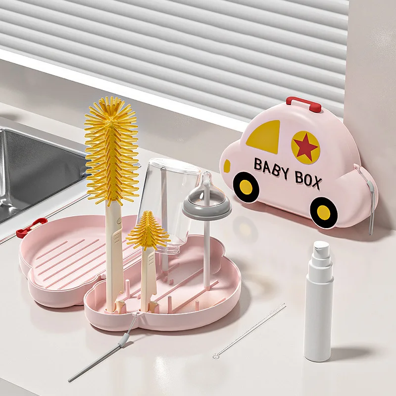 Silicone Bottle Brush Set Portable Baby Bottle Cleaning Brush Storage Drain Rack Straw Tool Baby Essentials