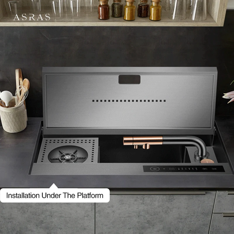 ASRAS Nanometer Flip Cover Hidden Smart Purifying Kitchen Sinks 4mm Thickness Handmade Sink Cup Rinser Kitchen Sinks