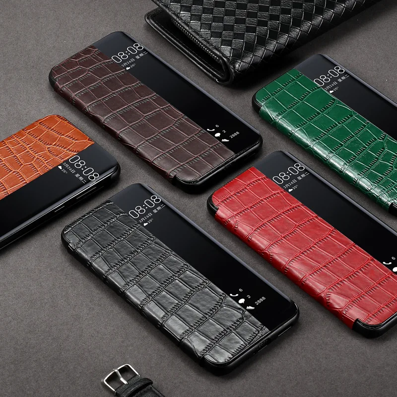 Sales Luxury Crocodile Grain Cowhide Leather Cover For Huawei P50 Pro Real Genuine Cow Skin Intelligent Sleep Window Flip Case