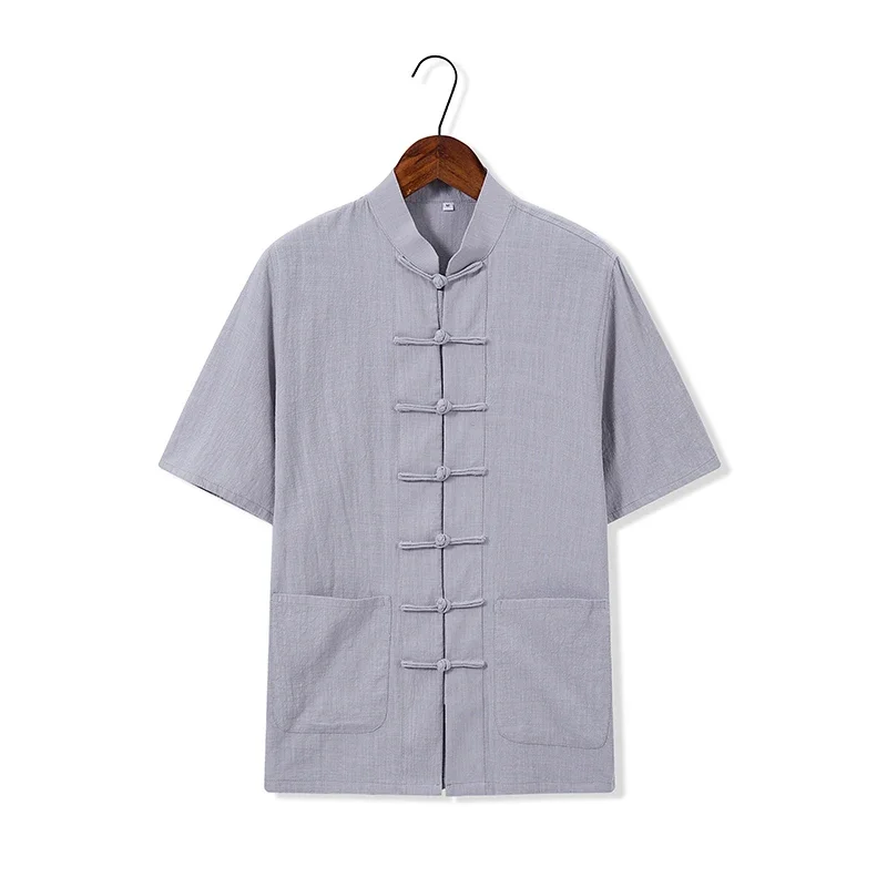 

New cotton linen shirt Tang suit one word button short sleeve hirt Chinese style men Tops Male loose casual Kung fu outfit shirt