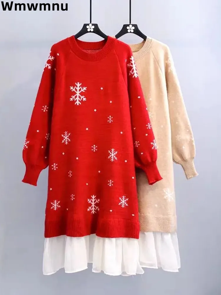 

Patchwork Gauze Midi Knitted Dress Korean Baggy Soft Sweater Vestidos New Year Red Chic Loose Knitwear Robes Mujer New 2023