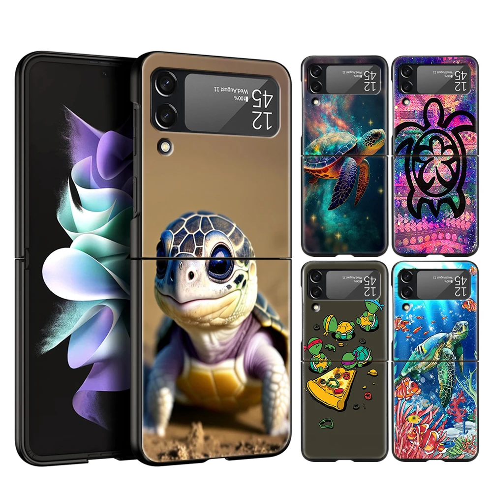 Süße kleine Schildkröte harte PC-Handy hülle für Samsung Galaxy Z Flip 5 4 3 schwarze Abdeckung für Galaxy Z Flip 6 faltbare stoß feste Hüllen