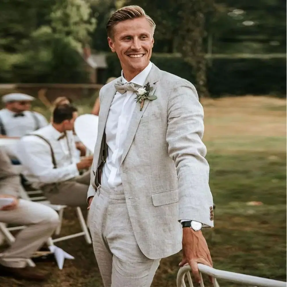 Men's Suits 2 Piece Men Slim Fit Business Linen Summer Suit Beige Groom Wedding Tuxedo Tailor Made Casual Mens Coats