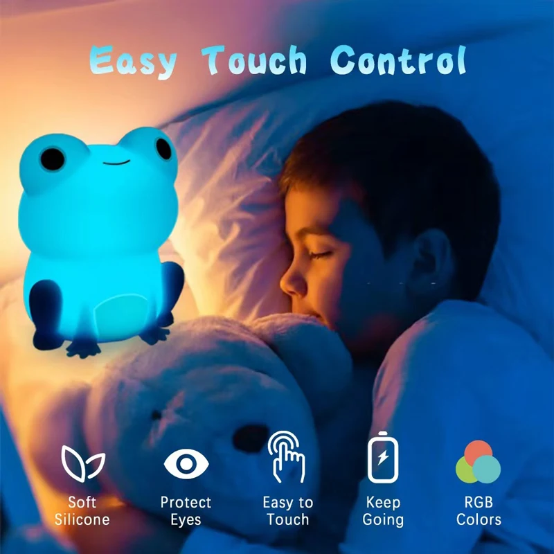 Qiqi Frog Silicone Lamp USB Charging Multi Mode Dimming Timer Night Light Children's Gift LED Sleep Companion Patting Light