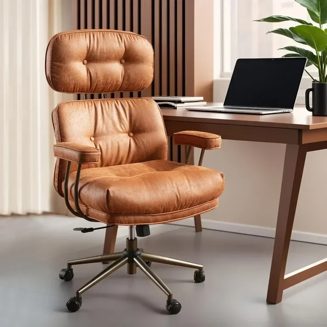 Ergonomic Home Office Chair, Mid-Century Modern Leather Chair with Lumbar Support