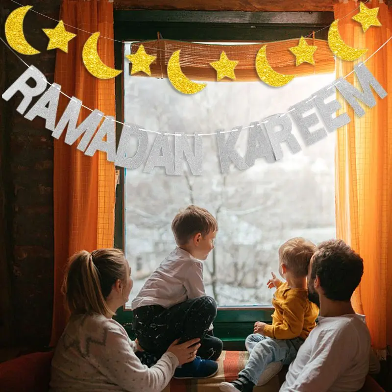 EID Mubarak Banner Glitter Star Moon Letter Paper Bunting Garland Islamic Muslim Party Ramadan Kareem Decorations for Home 2024
